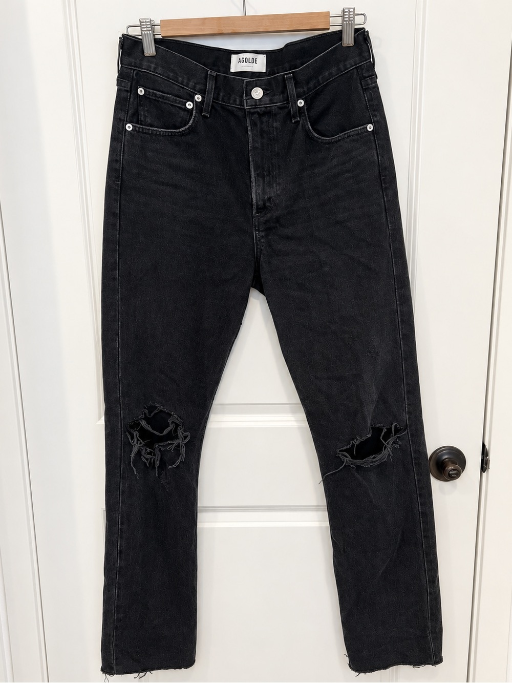 AGOLDE Cherie High Rise Straight Jeans Black Distressed Raw Hem 27